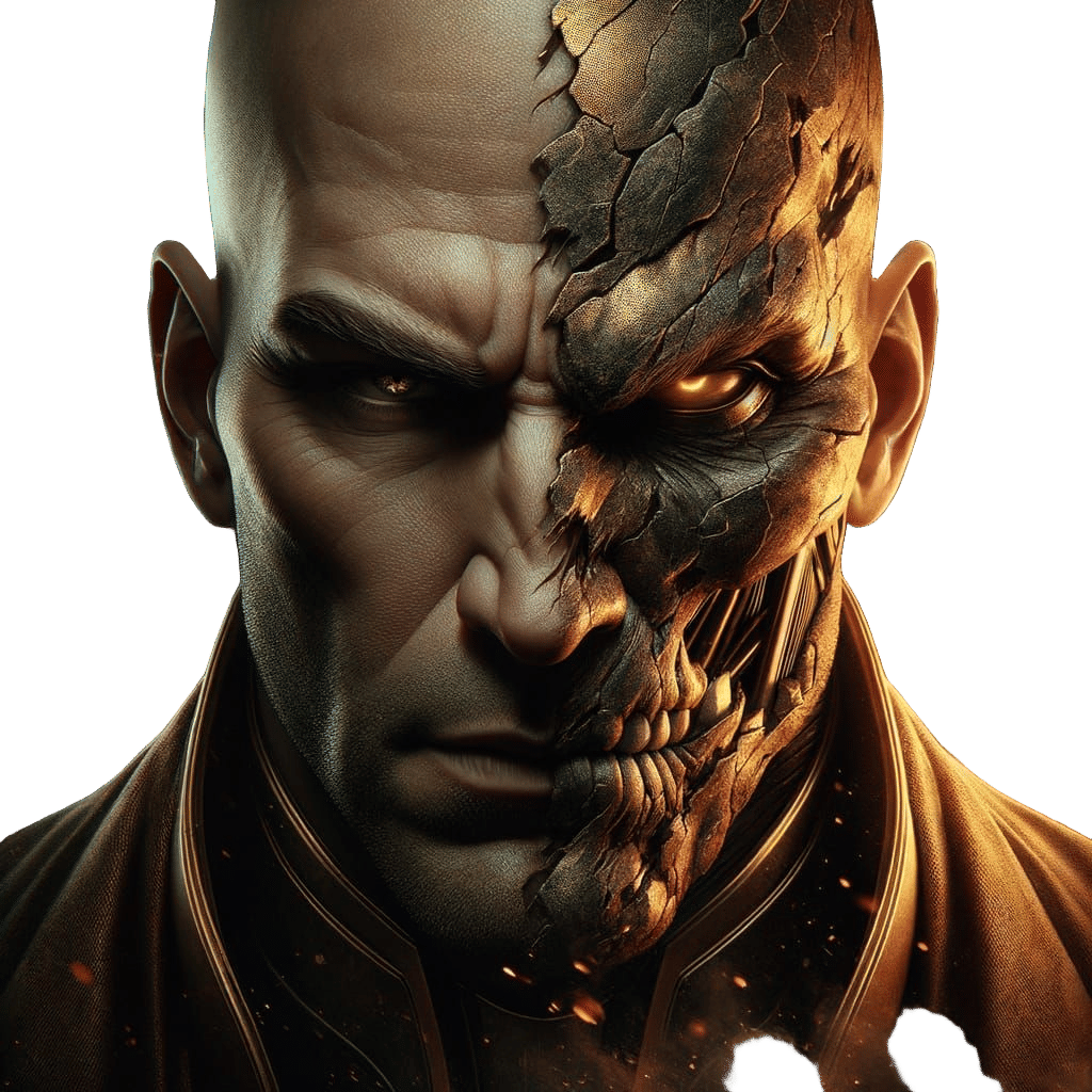 Intense Bald Man Portrait with Cracked Skull, Cinematic Styl...