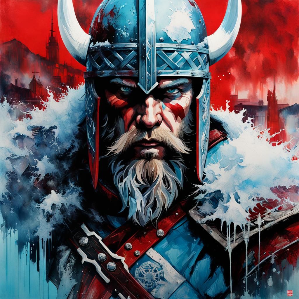 Fierce Viking Double Exposure Portrait in Watercolour Style
