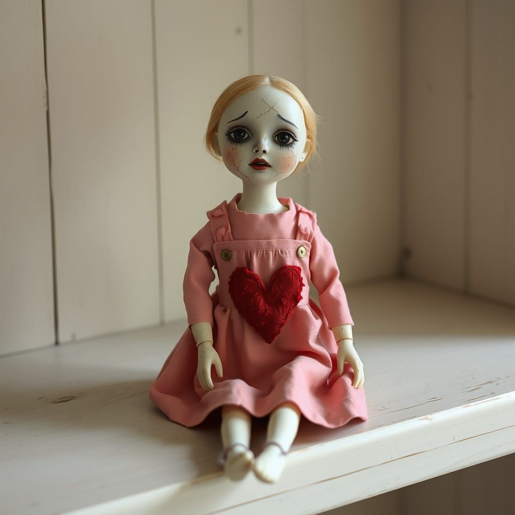 Forlorn Porcelain Doll in Pink Dress on Shelf - Art Brut Sty...