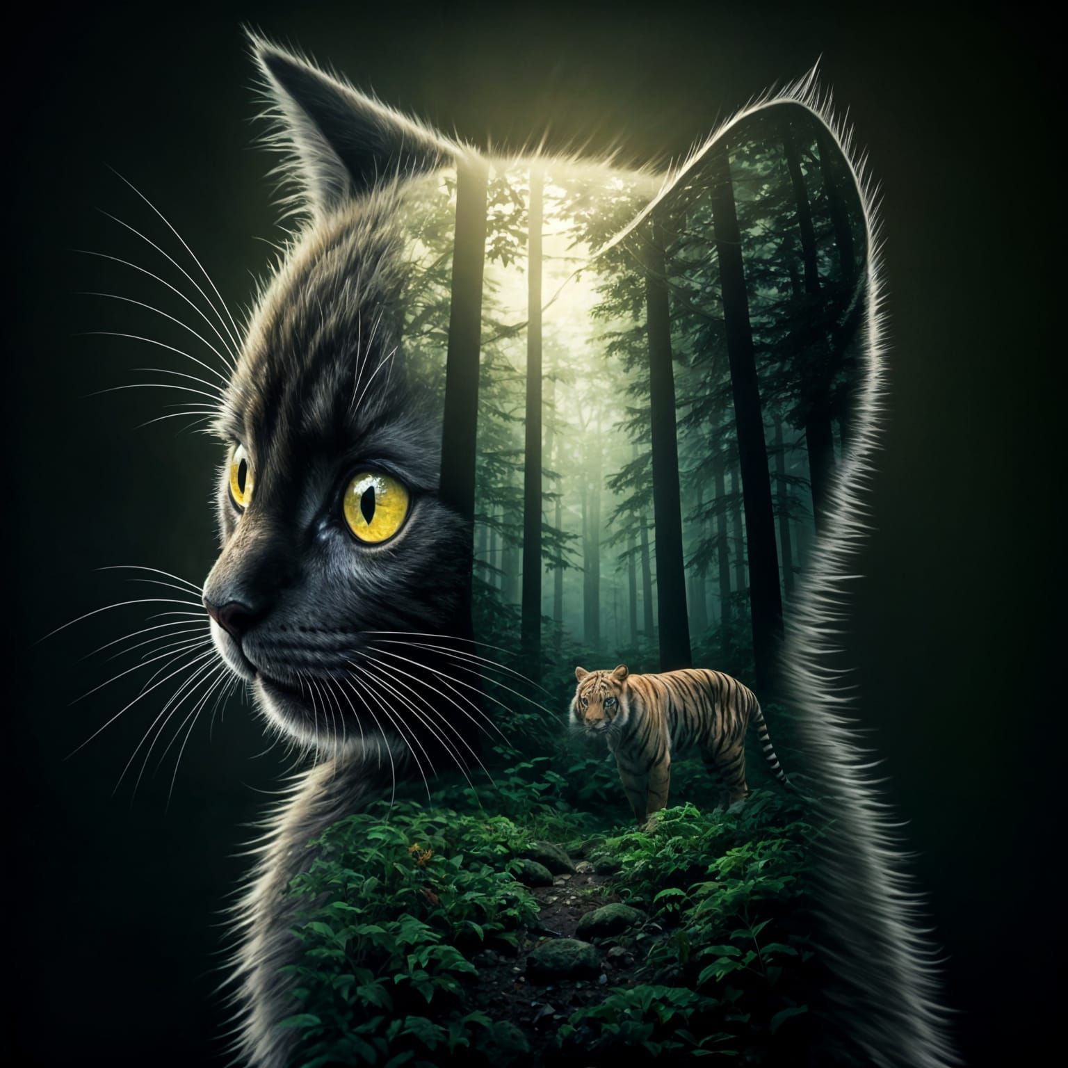 Double Exposure: Kitten Profile Merged with Forest