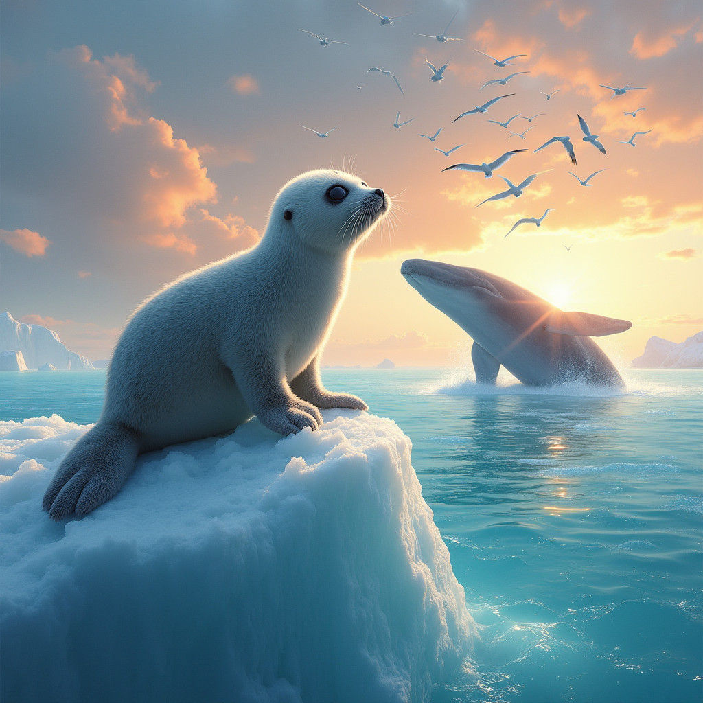 Baby Seal and Whale Under Arctic Sunset