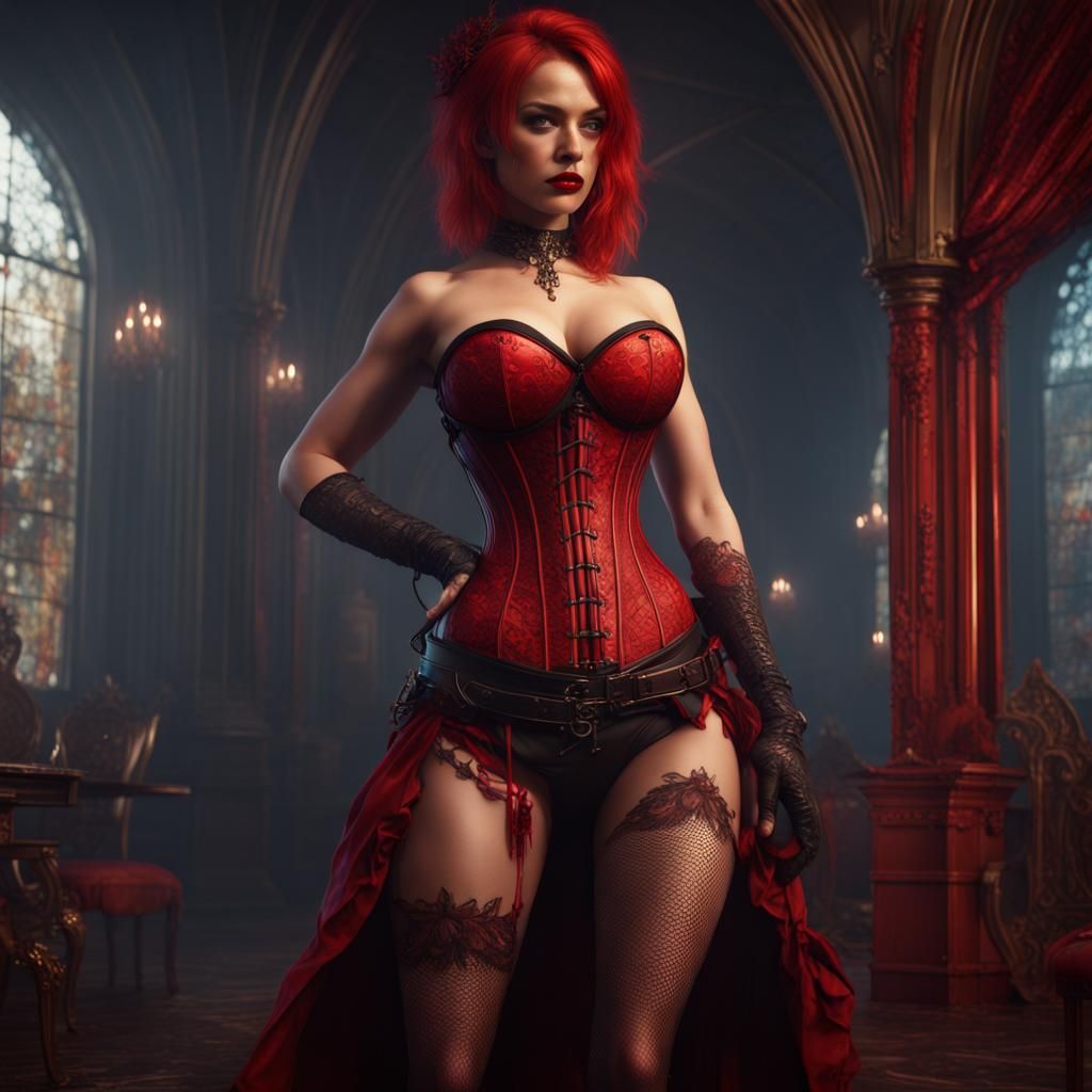 Women in Red Corsets: Detailed Fantasy Art