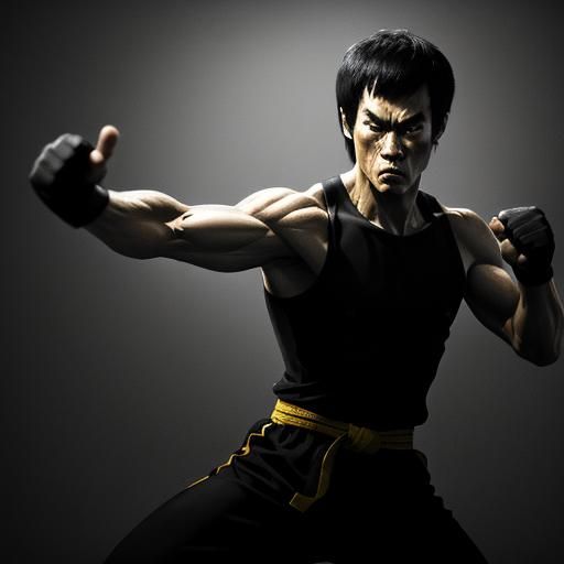 Bruce Lee in Fighting Stance: Hyper-Realistic Digital Art