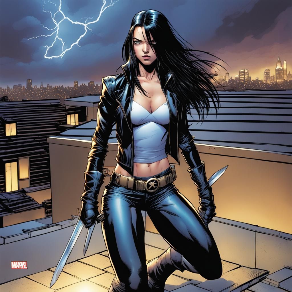 X-23 on Rooftop in Stormy Night: Comic Art