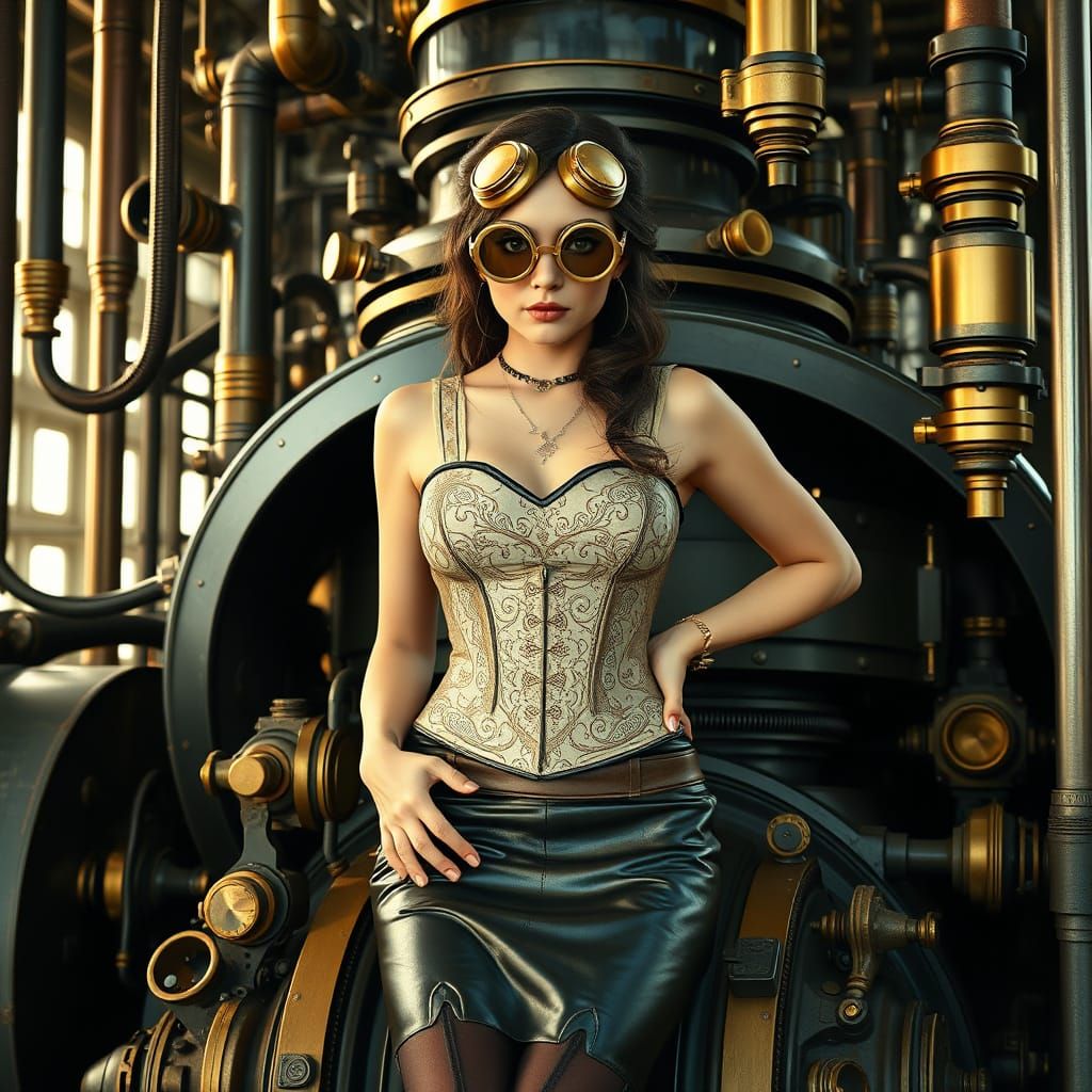 Steam Punk Goddess Amidst Industrial Marvels