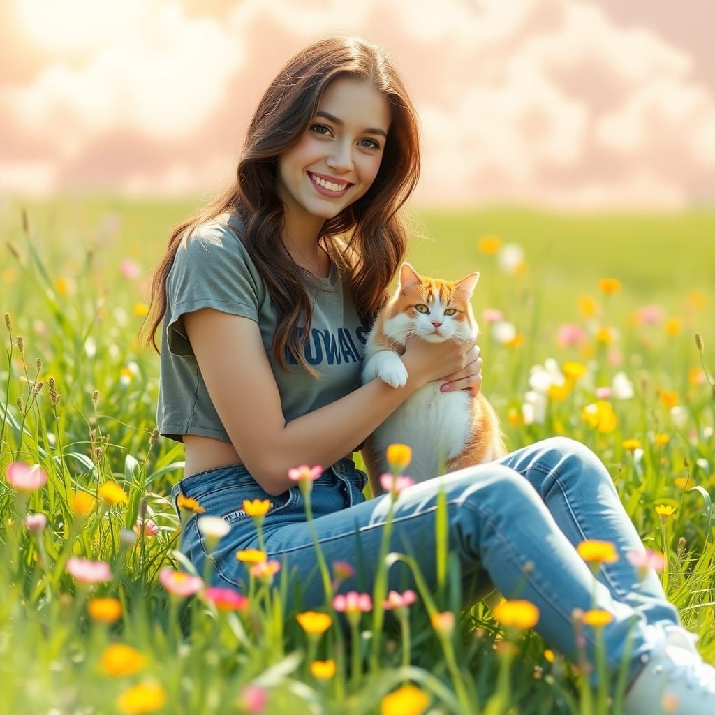 Dreamy Woman with Cat in Lush Meadow