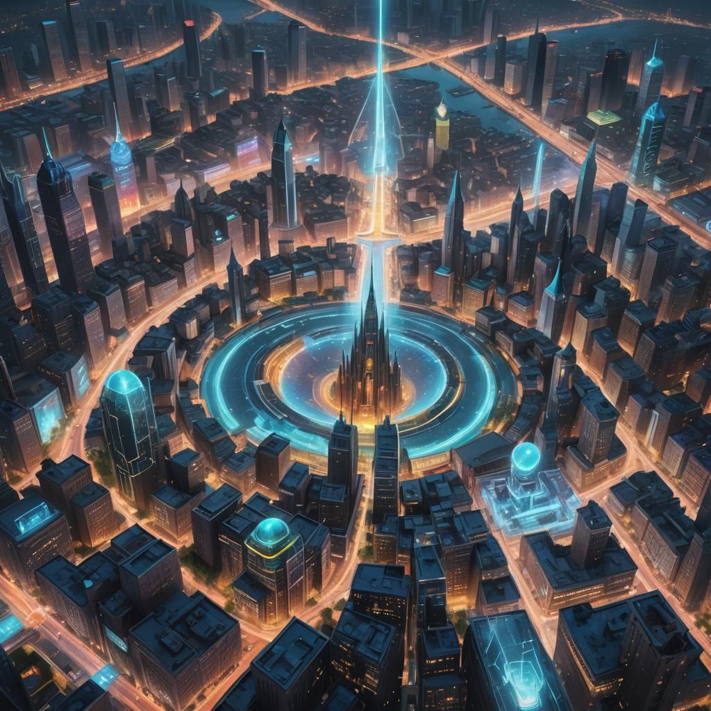Ethereal Portal Over Cyberpunk Cityscape