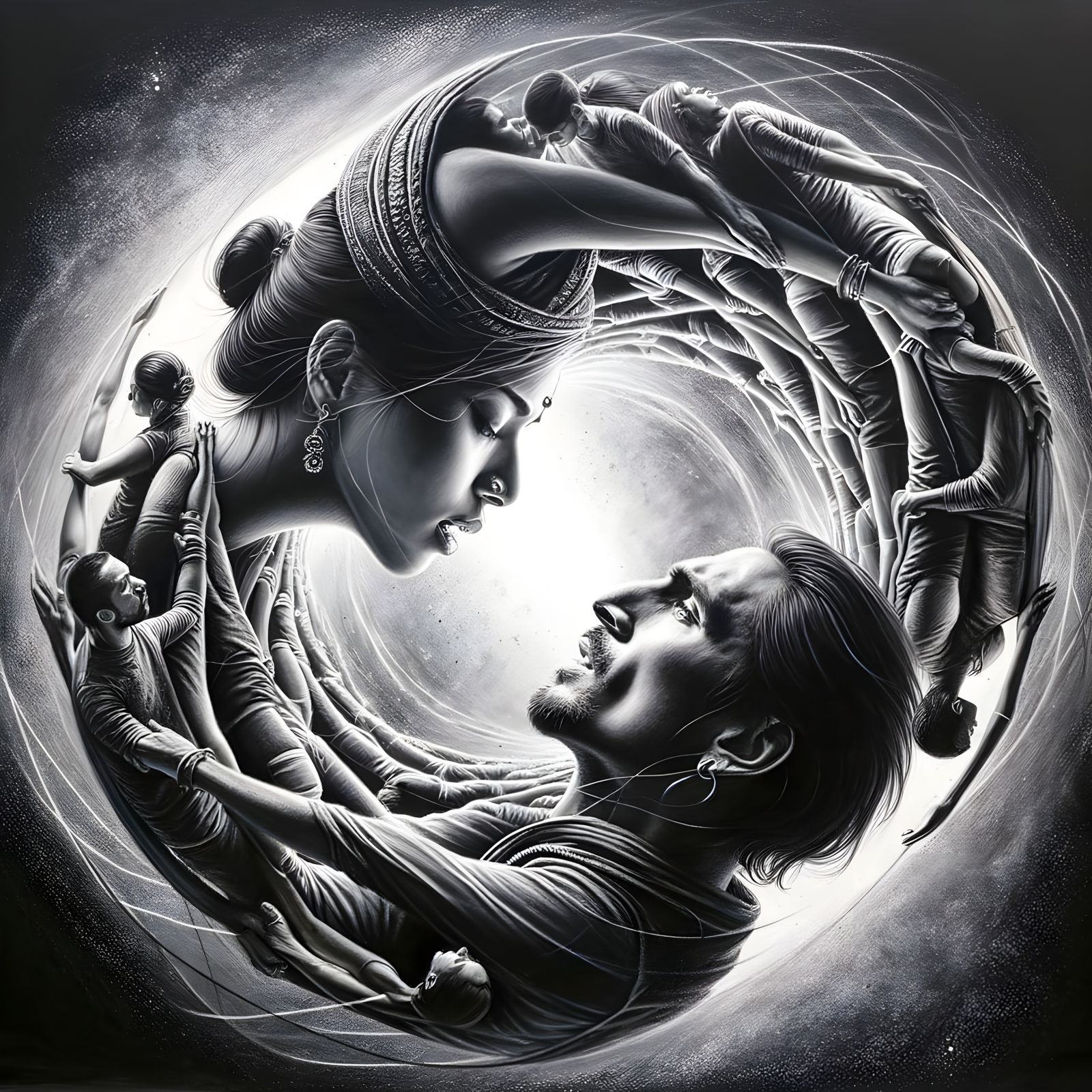 Hyper-Detailed Charcoal Drawing of a 1080° Revolution