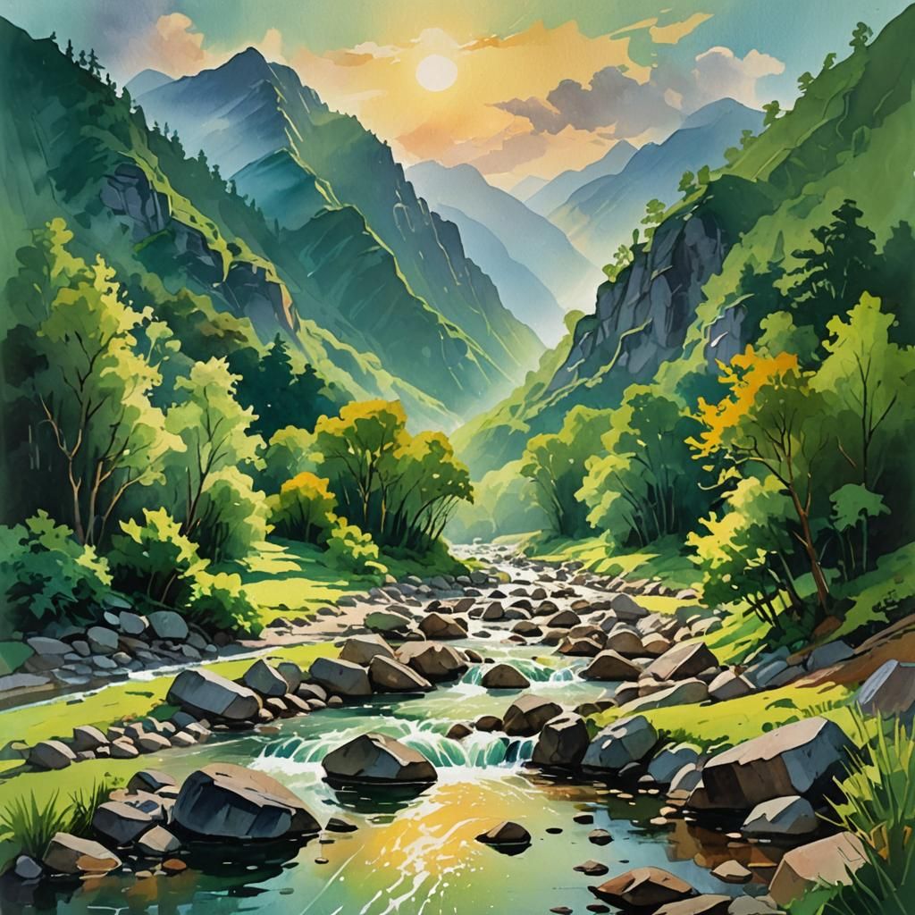 Green Mountain Landscape in Gouache Impasto Style