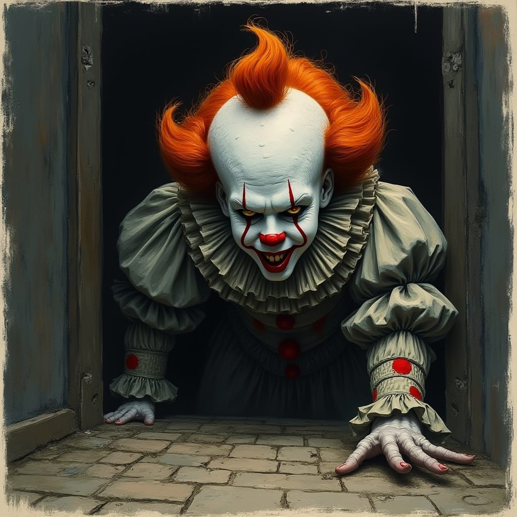 Pennywise Crawling from Shadows in Dark Fantasy Style