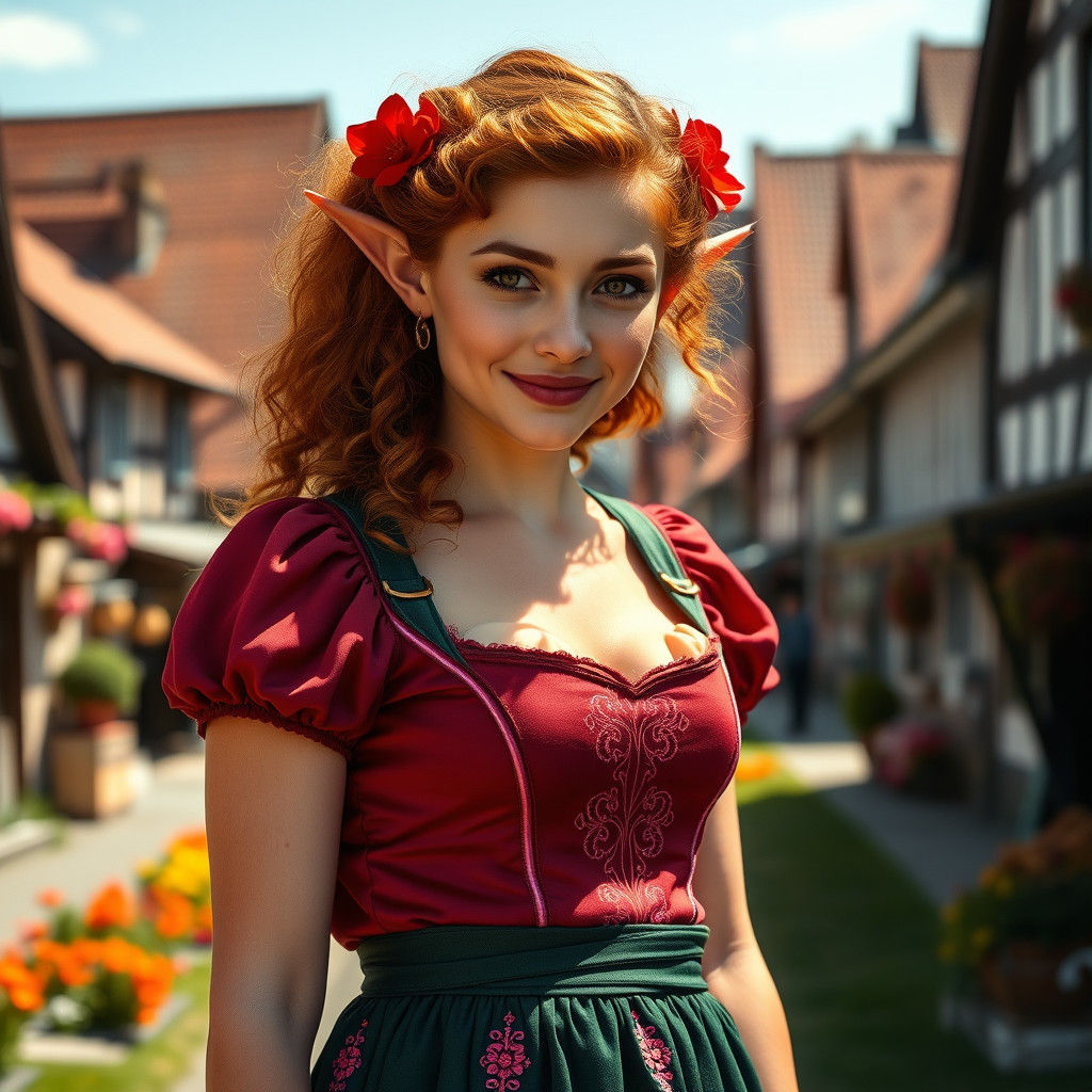 Elven Woman in Dirndl: Cinematic German Village Portrait