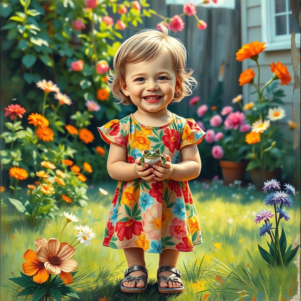 Child with Frog: Neo-Impressionist Backyard Scene