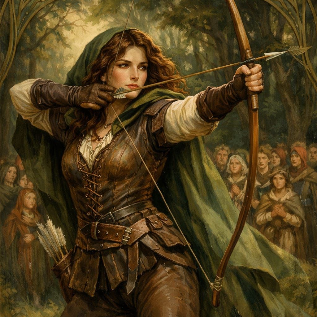 Art Nouveau Archer Woman Pulls Bowstring in Forest