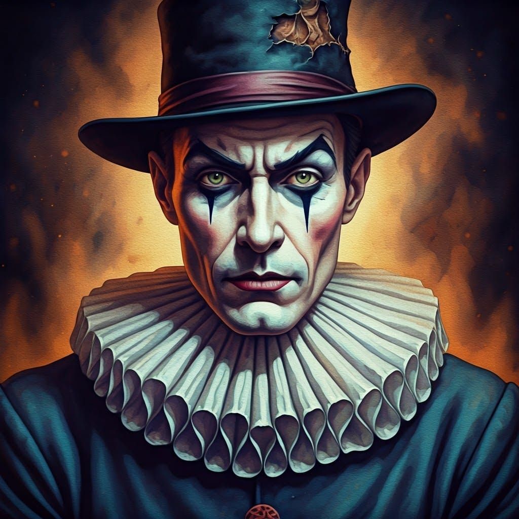 Striking Pierrot with Decaying Hat in Watercolor Style