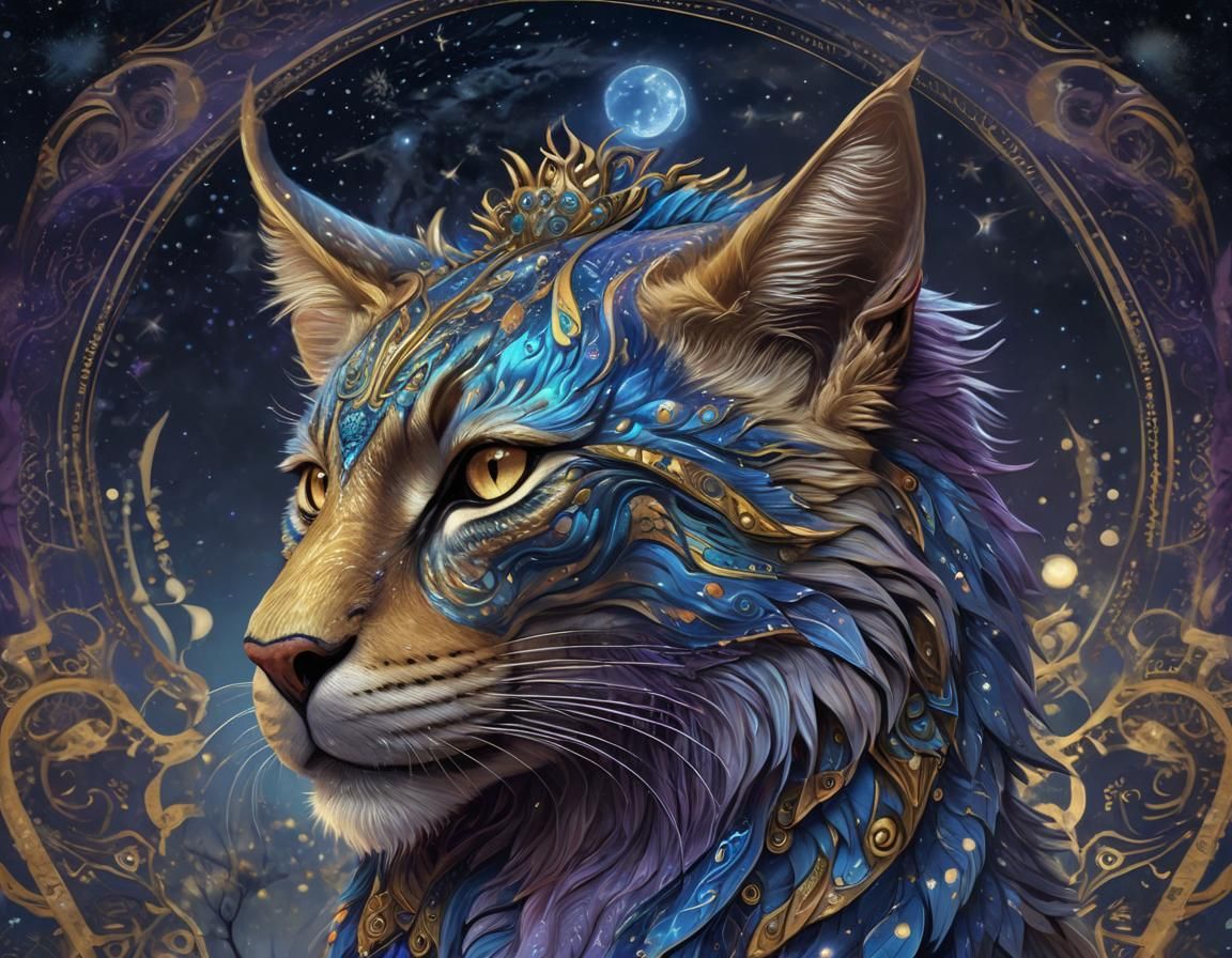 Iridescent Winged Feline in Starry Night Sky