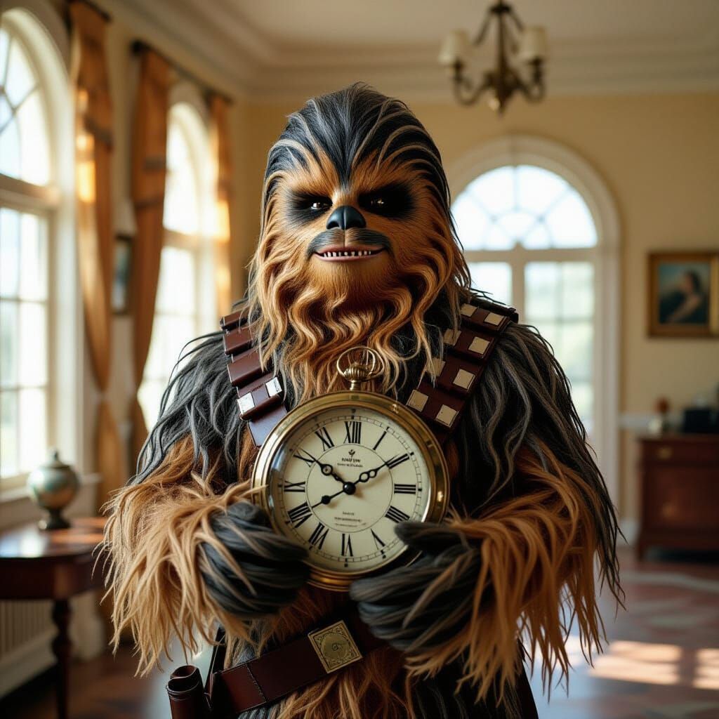 Chewbacca with Antique Clock: Cinematic Film Still