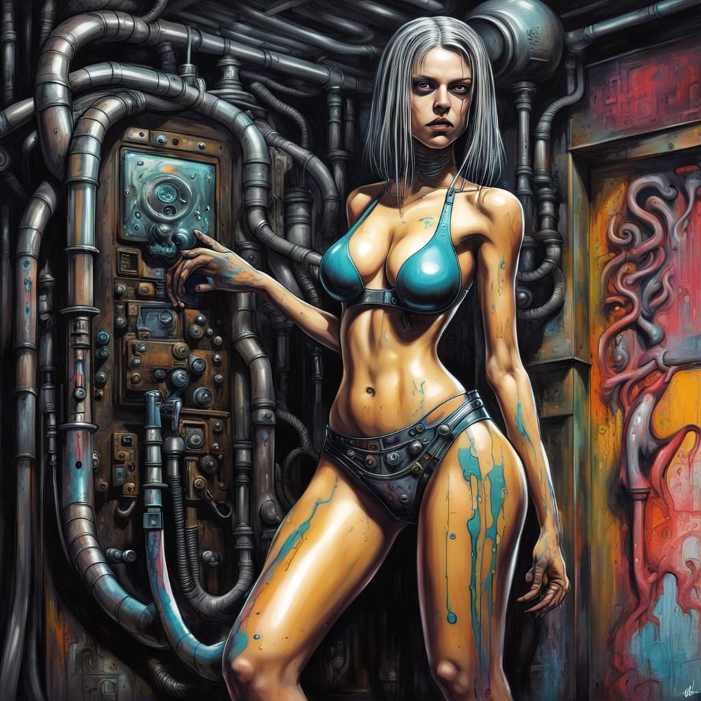 Woman in Latex Bikini in H.R. Giger Machine Art