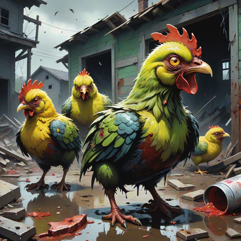 Mutated Zombie Chickens in Apocalyptic Farm Ruins