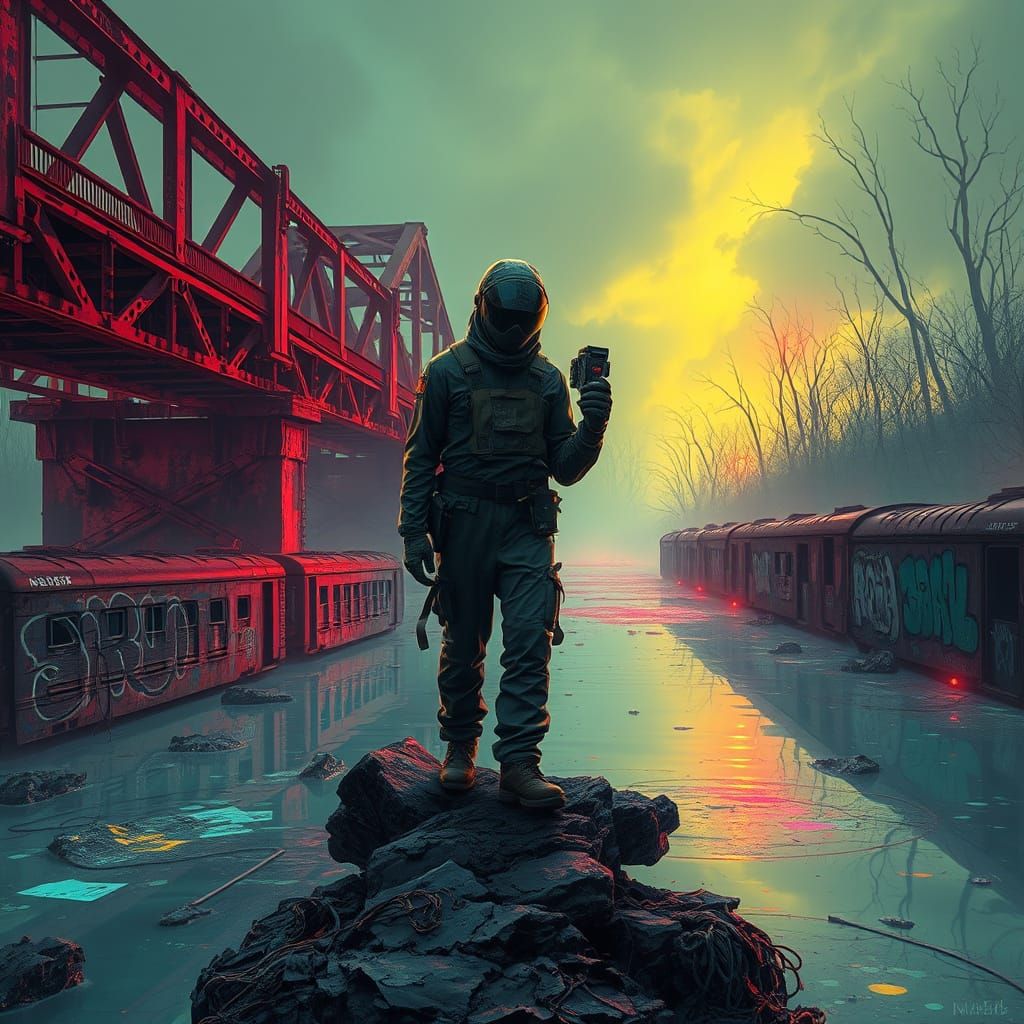 Neon Swamp Railway Bridge in Retro-Futuristic Style