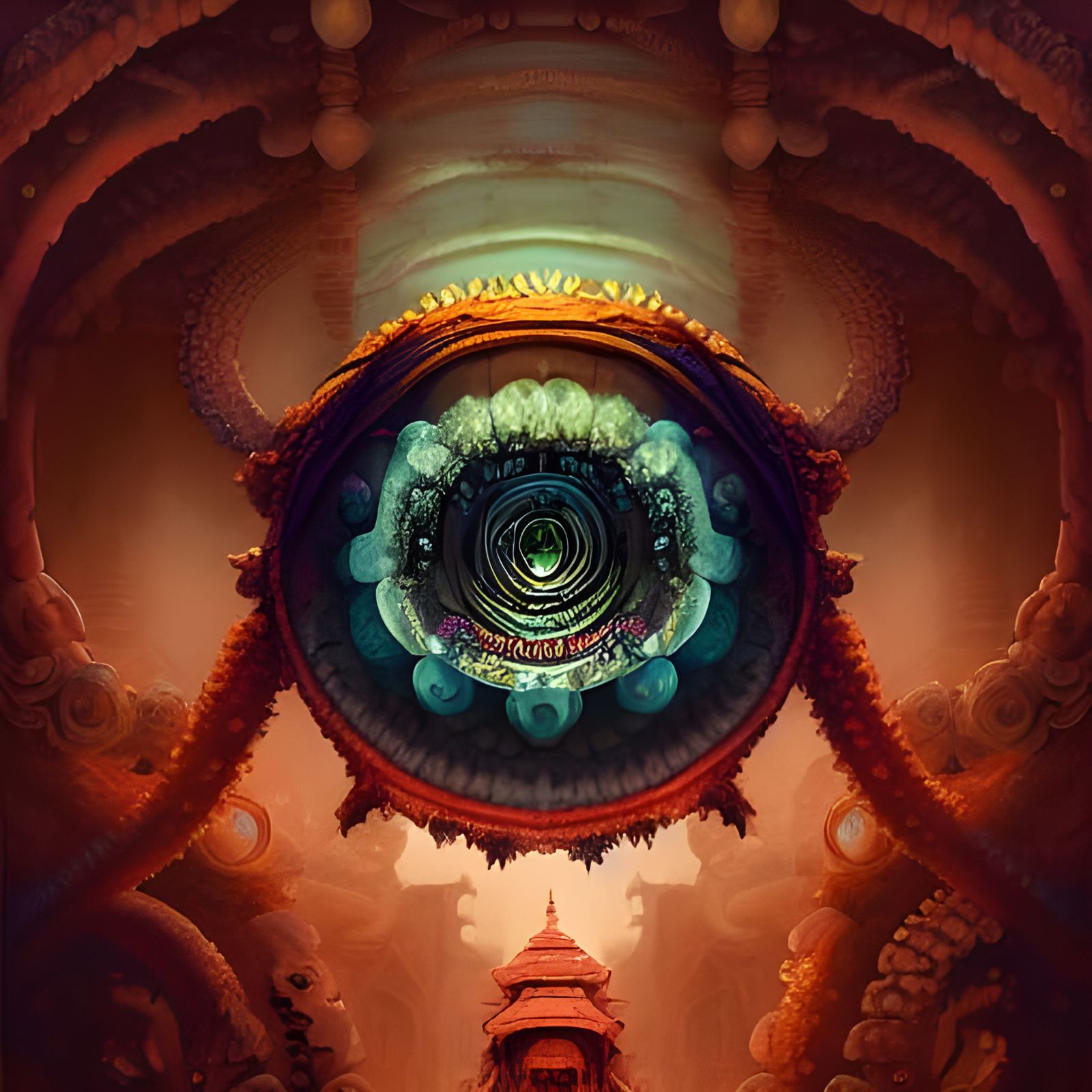 Lovecraftian Indian-Japanese Fortress in Digital Painting