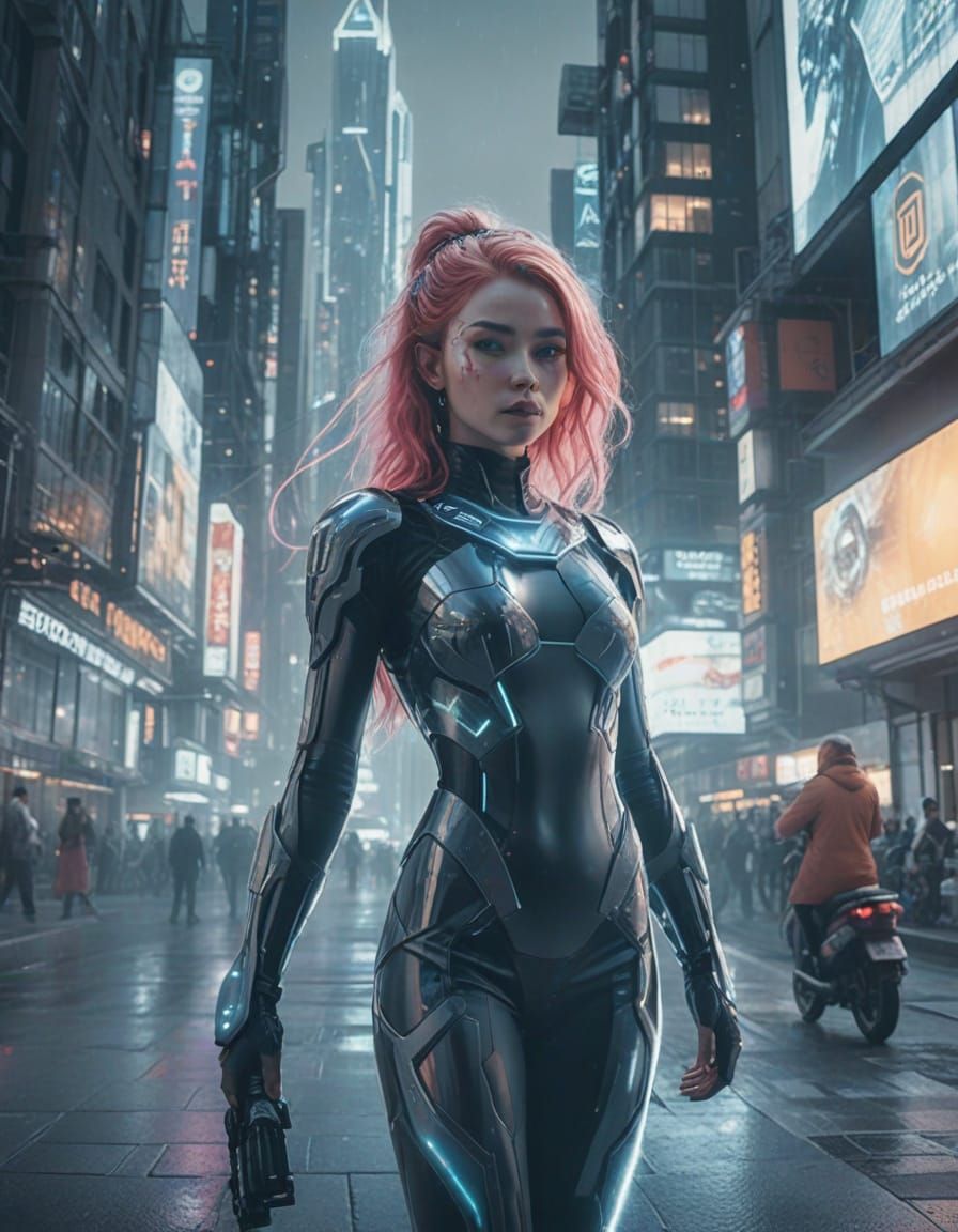 Futuristic Girl in Cyberpunk Cityscape