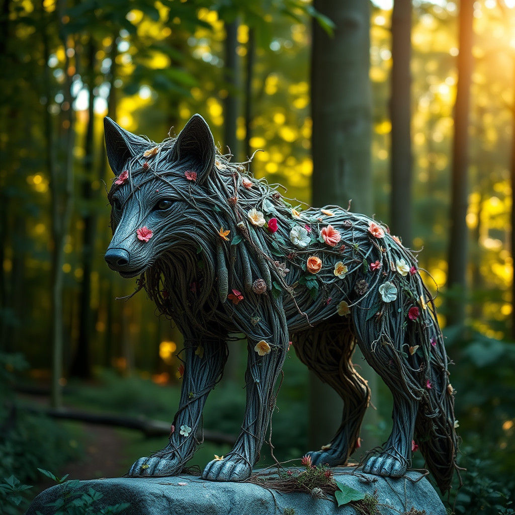 Majestic Wolf Sculpture of Vines and Flowers