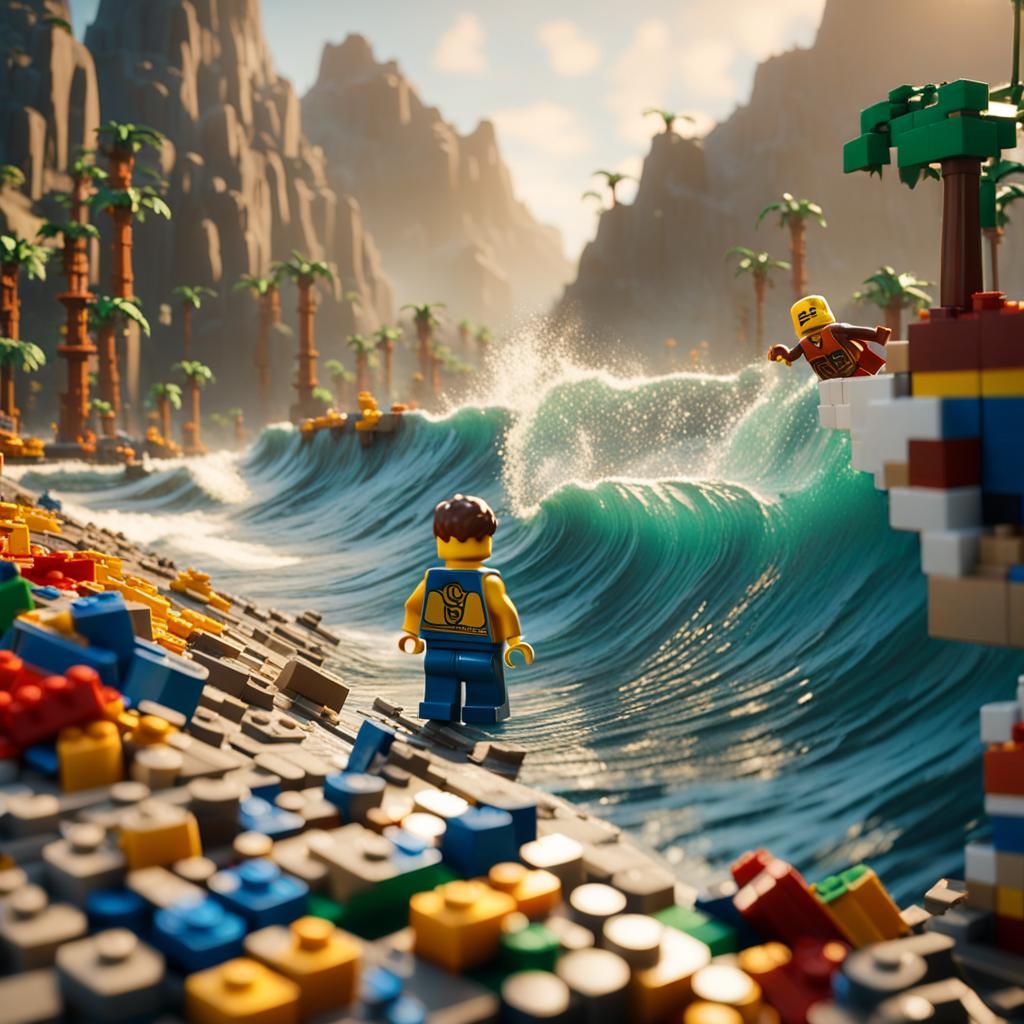 Lego Surfers Ride a Giant Wave: 3D Game Cinematic