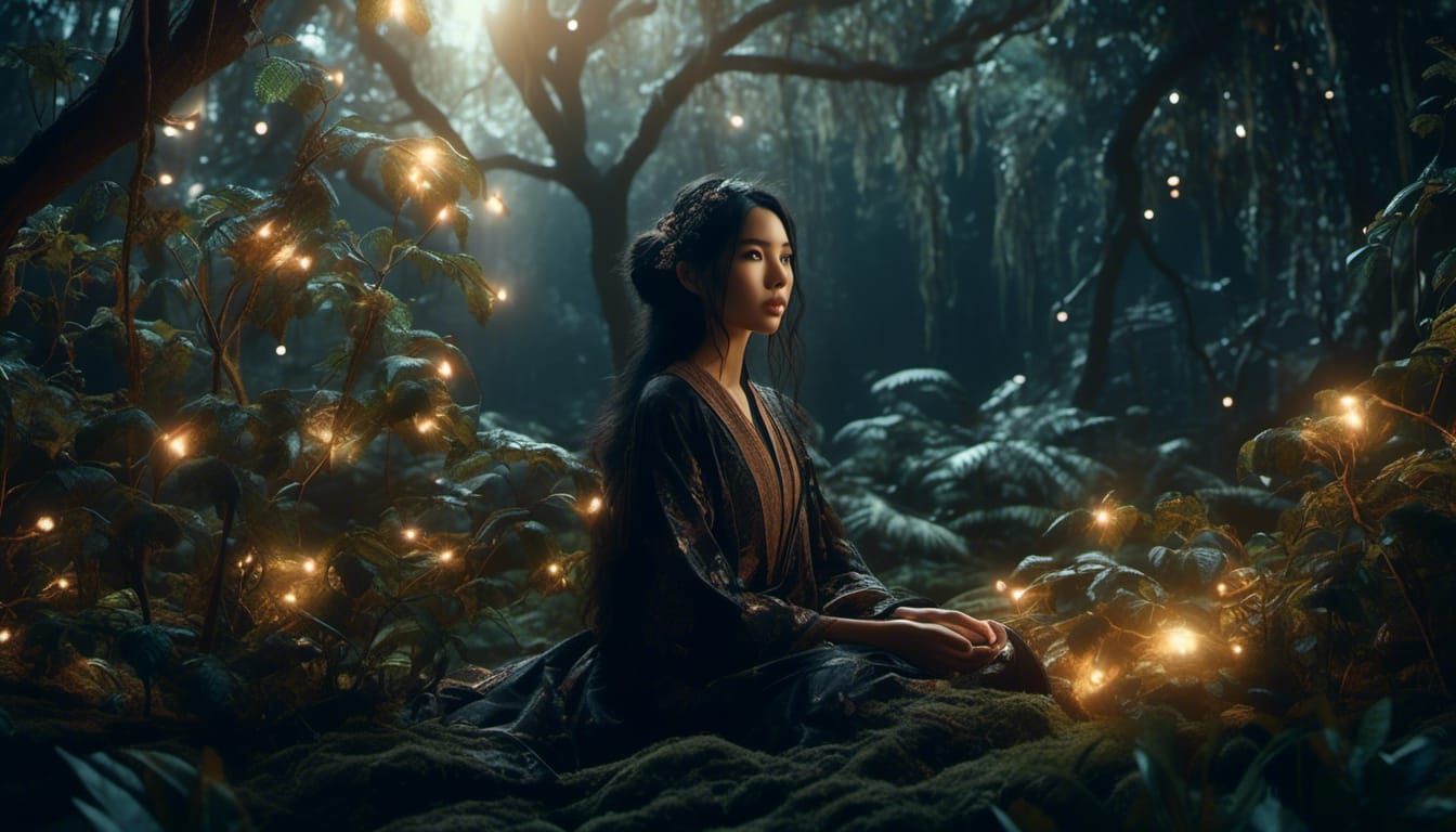 Mysterious Artist Girl in Enchanted Forest