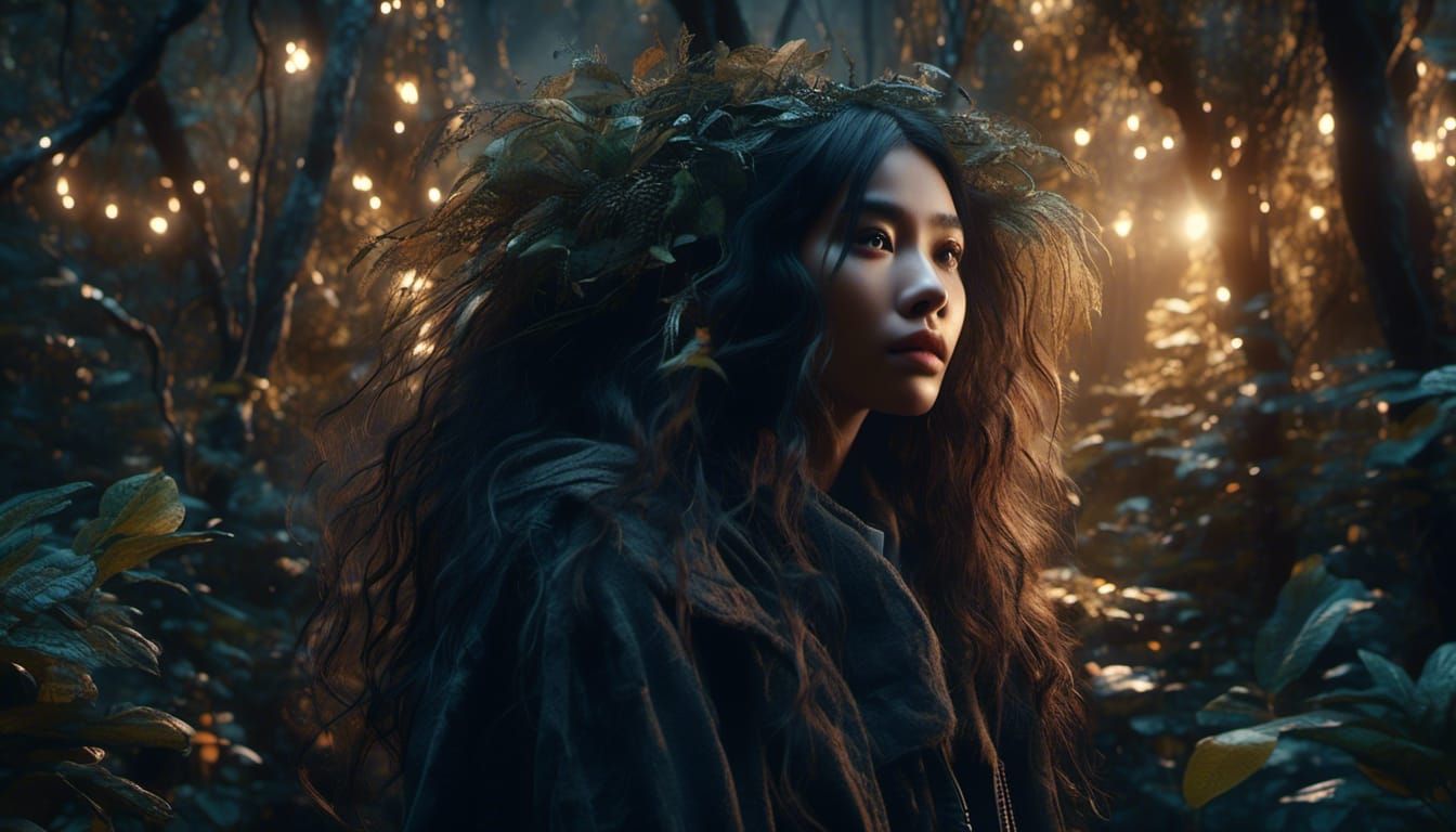 Mysterious Artist Girl in Enchanting Forest