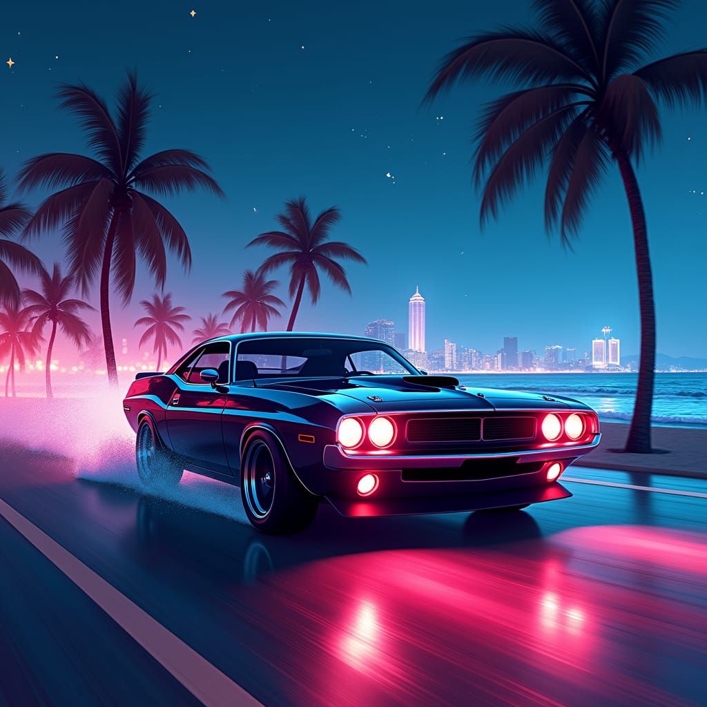 Muscle Car Cruise at Night in Synthwave Style