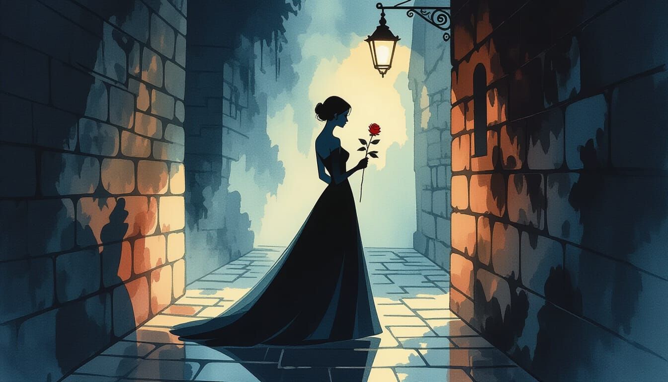 Elegant Woman in Dim Alleyway with Wilting Rose