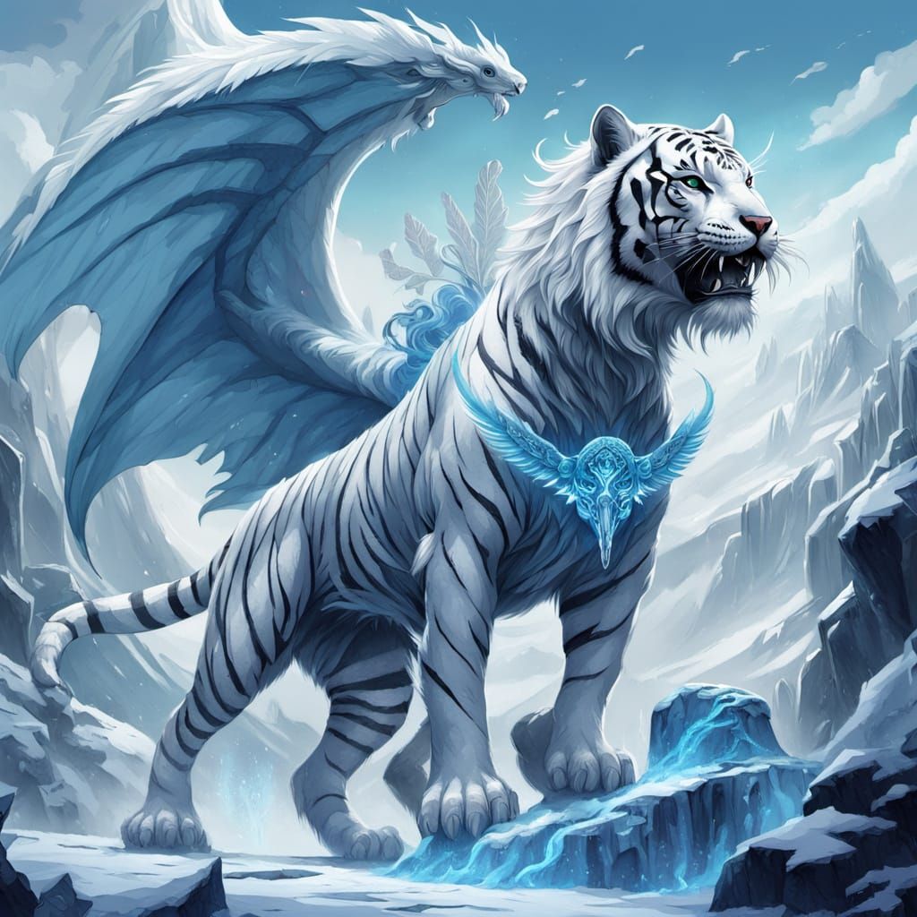 White Tiger Dragon with Celtic Princess Fantasy Art