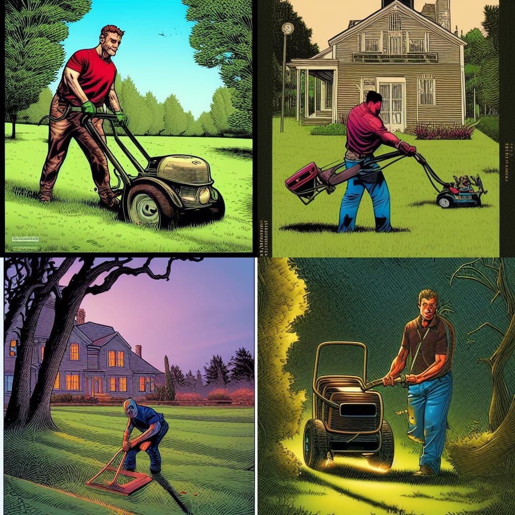 Man Mowing Lawn in Comic Book Art Style