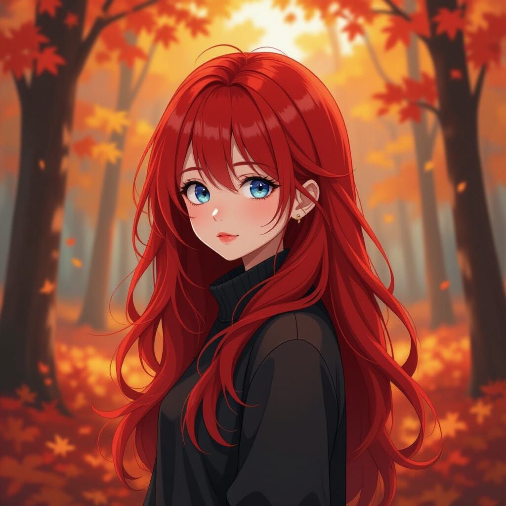 Anime Girl with Red Hair in Autumn Forest