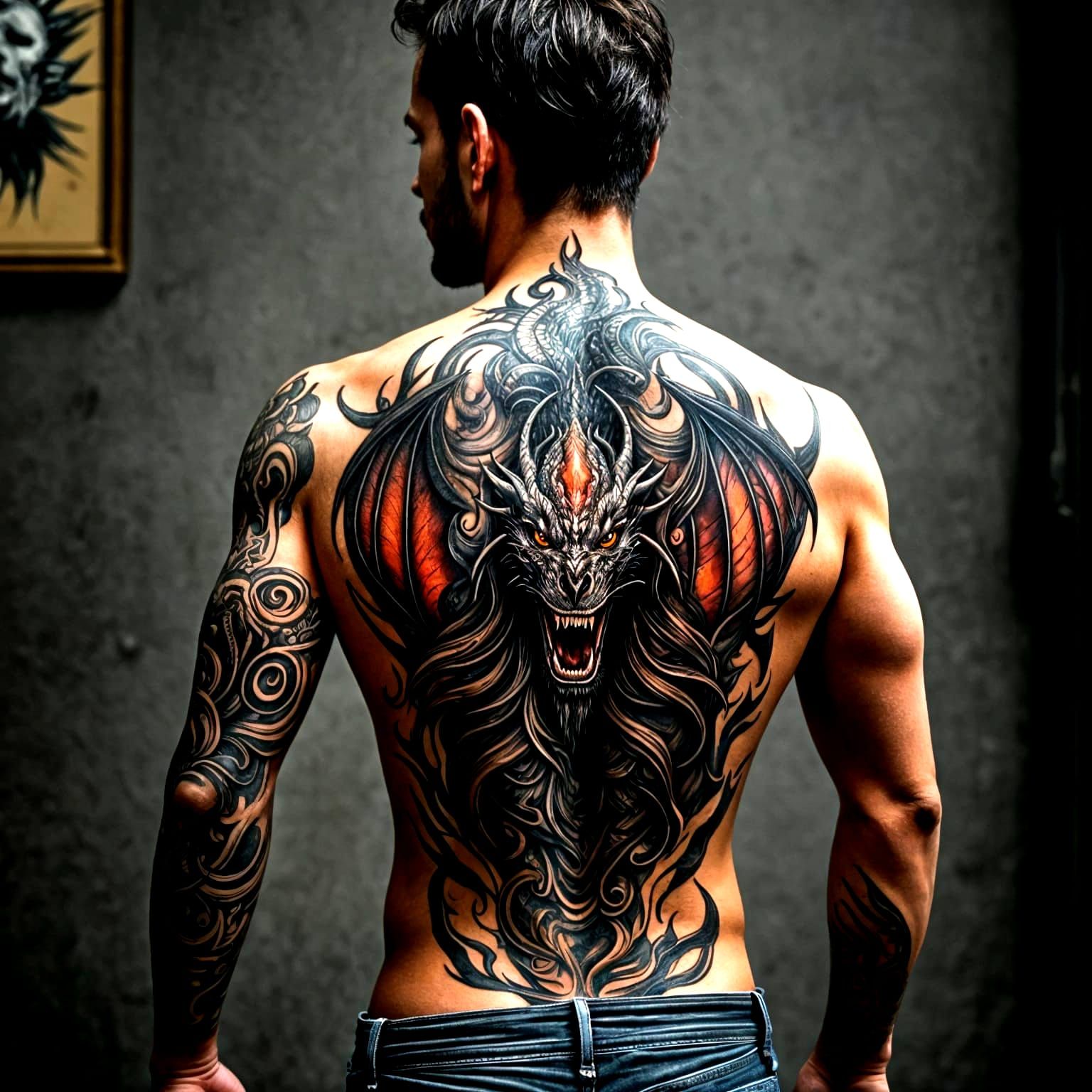Intricate Dragon Tattoo on a Man's Back in Dark and Moody St...