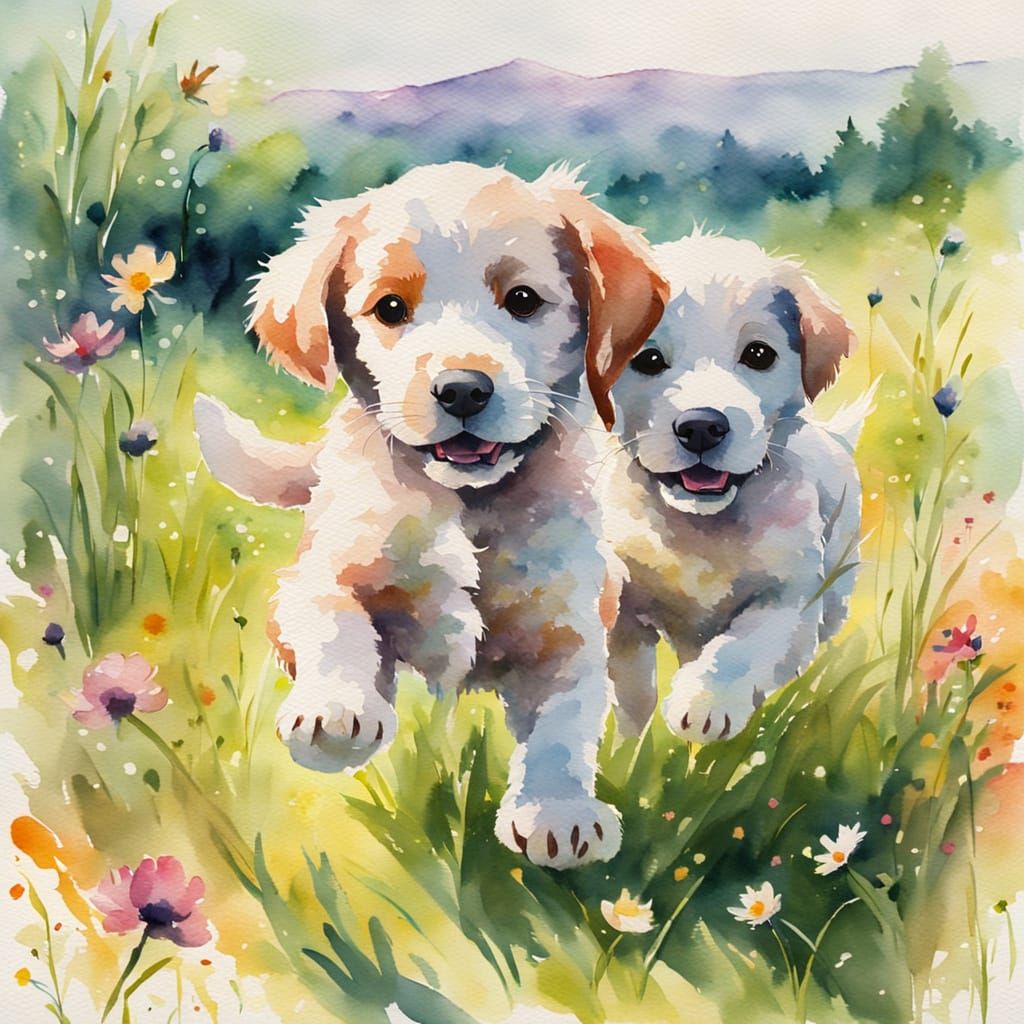 Whimsical Watercolor Puppies in a Lush Green Meadow