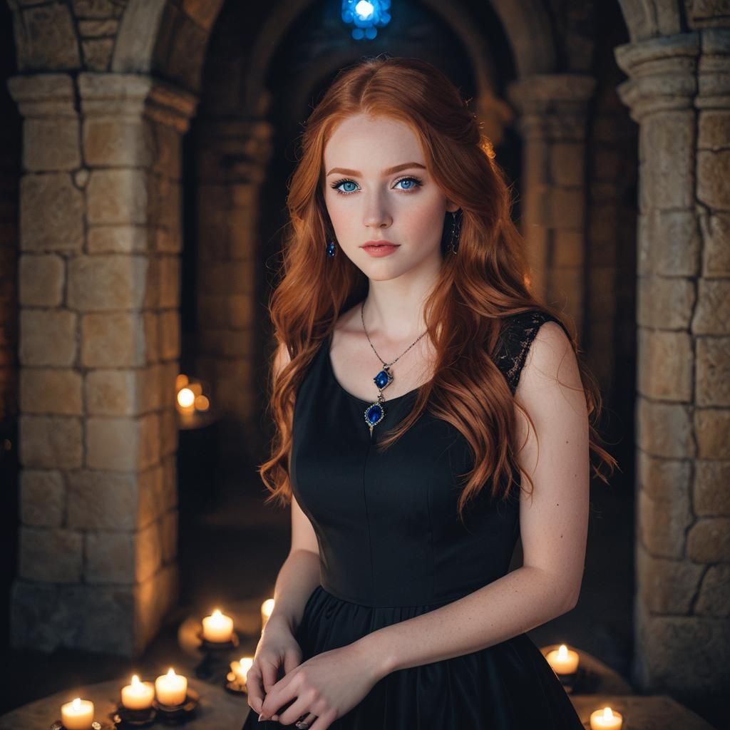Redhead in Castle at Night with Magical Pendant