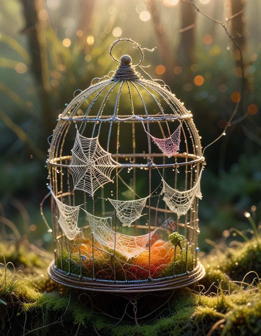 Intricate Spiderweb Birdcage in Sunrise Dewdrops