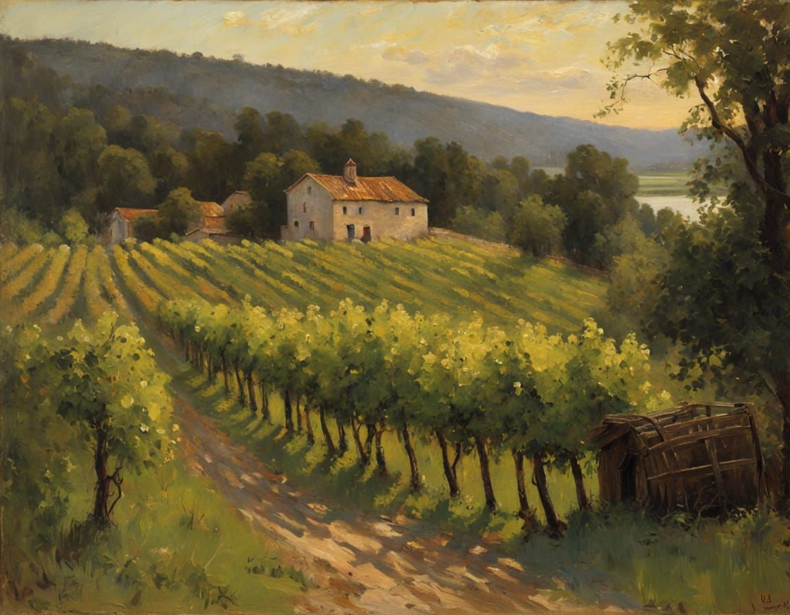 Vineyard Harvest in Golden Light: Oil Painting