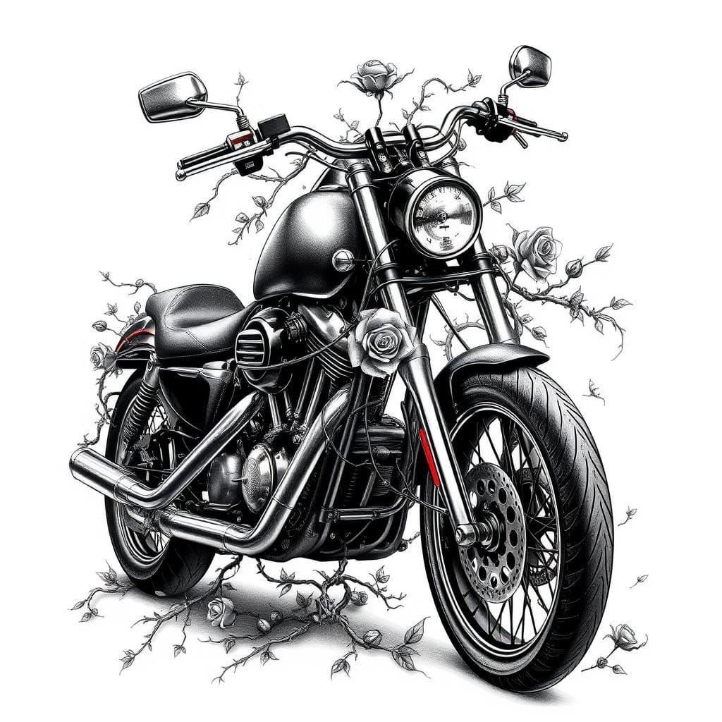 Hyperrealistic Motorcycle Tattoo Art with Vines and Roses in...