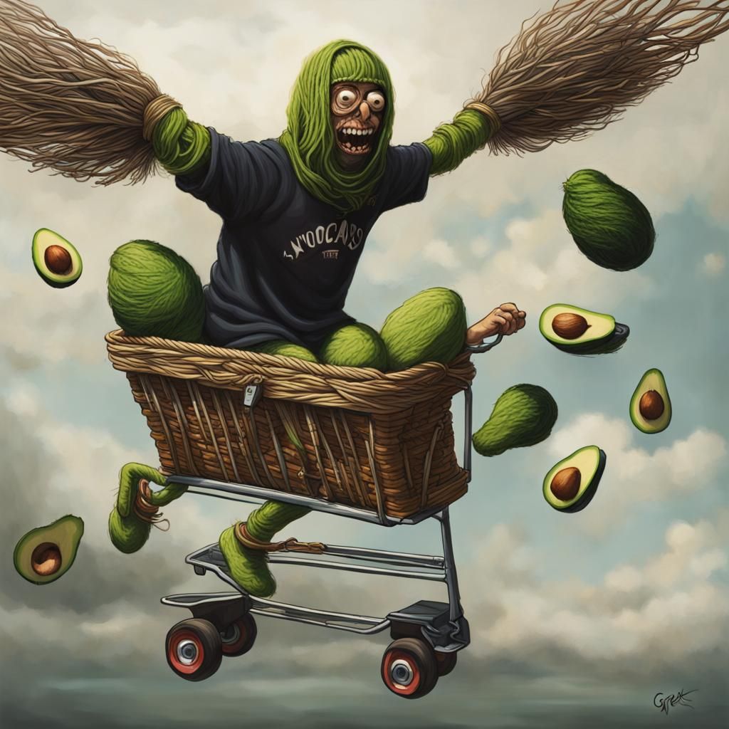 Yarn Skateboarder Flies Over Avocados: Sinister Art