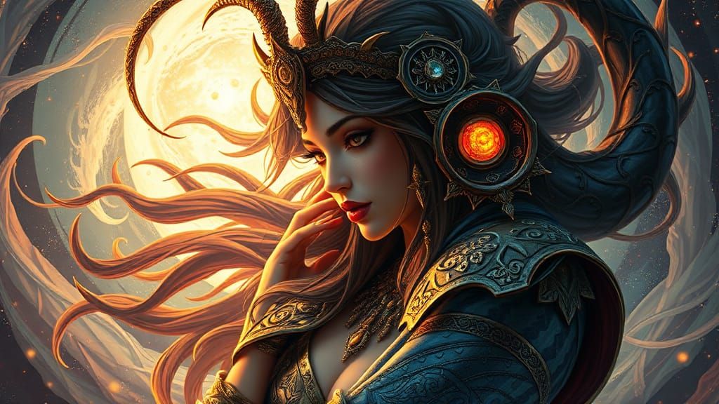 Niobe Meets Cosmic Trickster in Art Nouveau Style