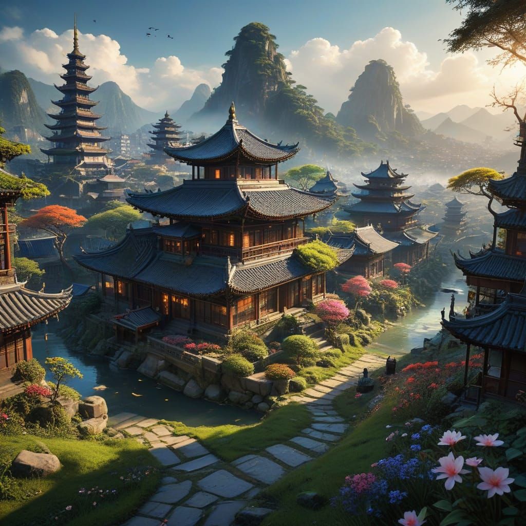 Utopian Fantasy City on a Beautiful Oriental Landscape