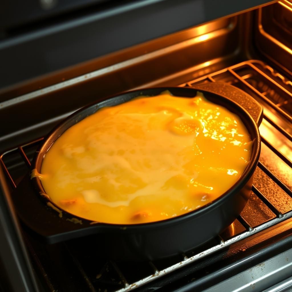 Melted Queso Baking in Oven with Bubbling Cheese