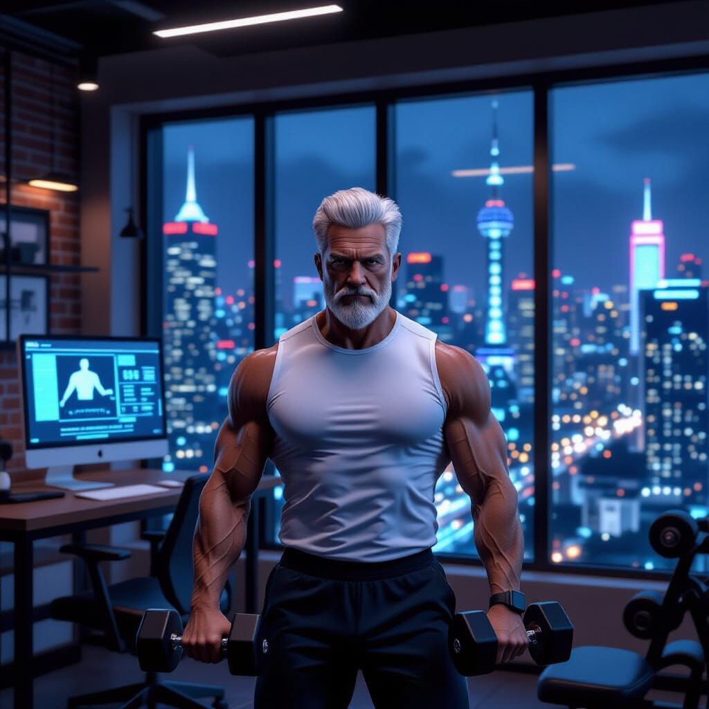 Bicep Workout in Cyberpunk Loft, Anime Style