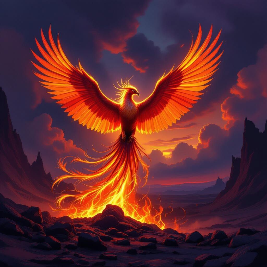 Majestic Phoenix Rises from Ashes in Volcanic Landscape