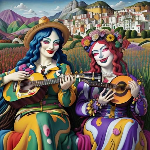 Whimsical Musicians in Dreamlike Landscape, Oil Painting