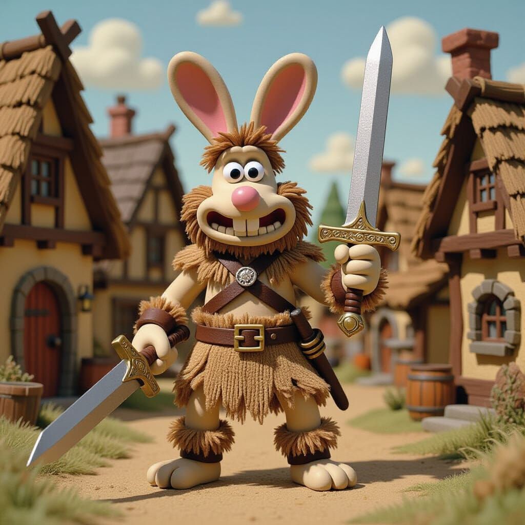 Anthropomorphic Rabbit Barbarian in Stop-Motion Style