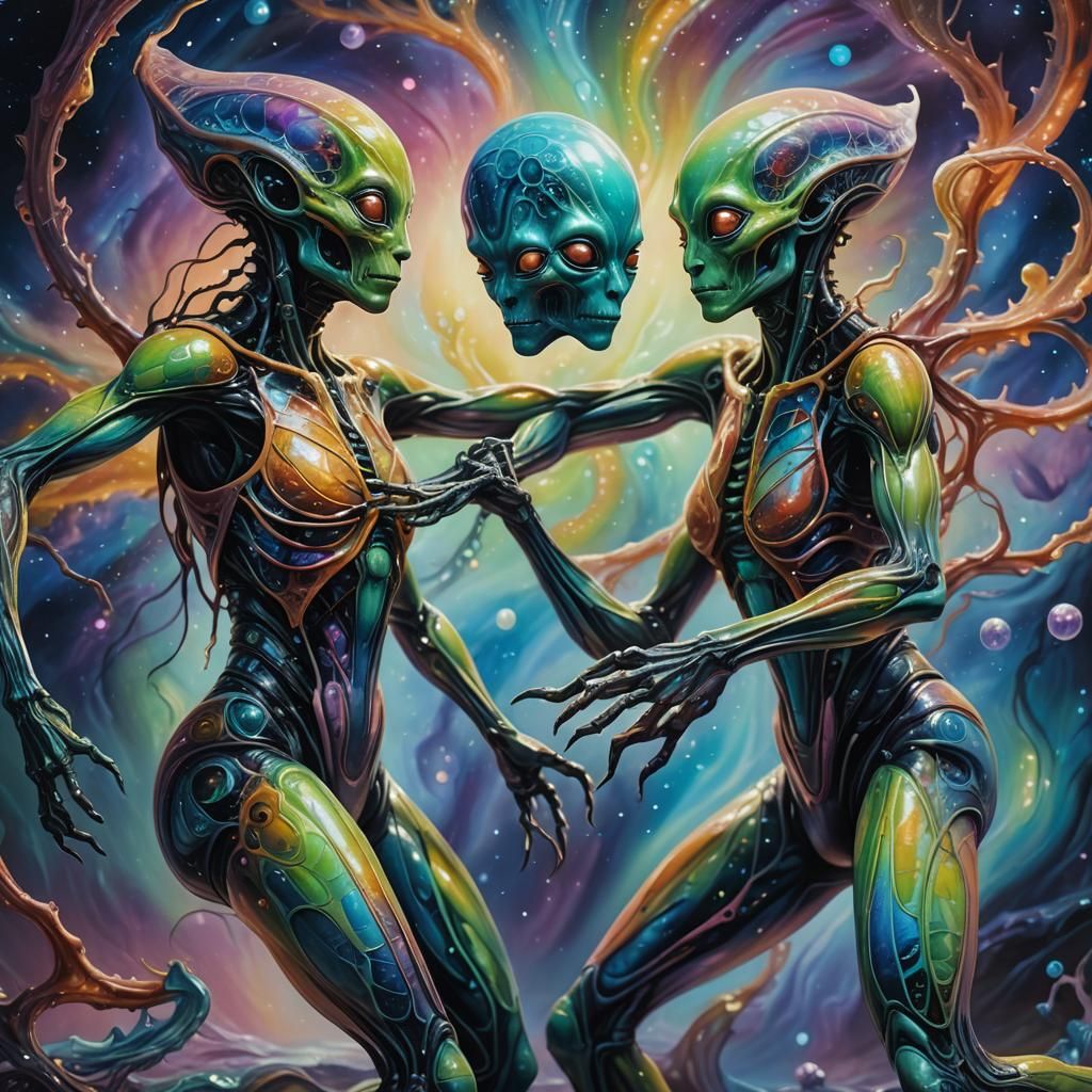 Surreal Alien Couple in Vibrant Oil Painting