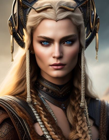 Beautiful Norse Goddess Portrait in Watercolor Style